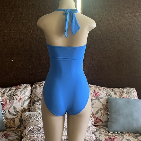 Tommy Bahama Ruched Halter-Top 4 Tummy Control Cobalt Blue One-Piece Swimsuit - Picture 5 of 9